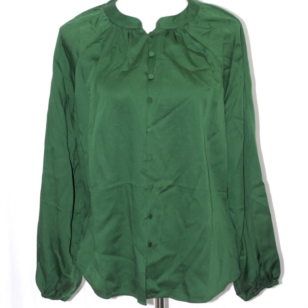 NWT 100% Tencel Machine Washable Womens XS Forest Green Blouse Button Down
